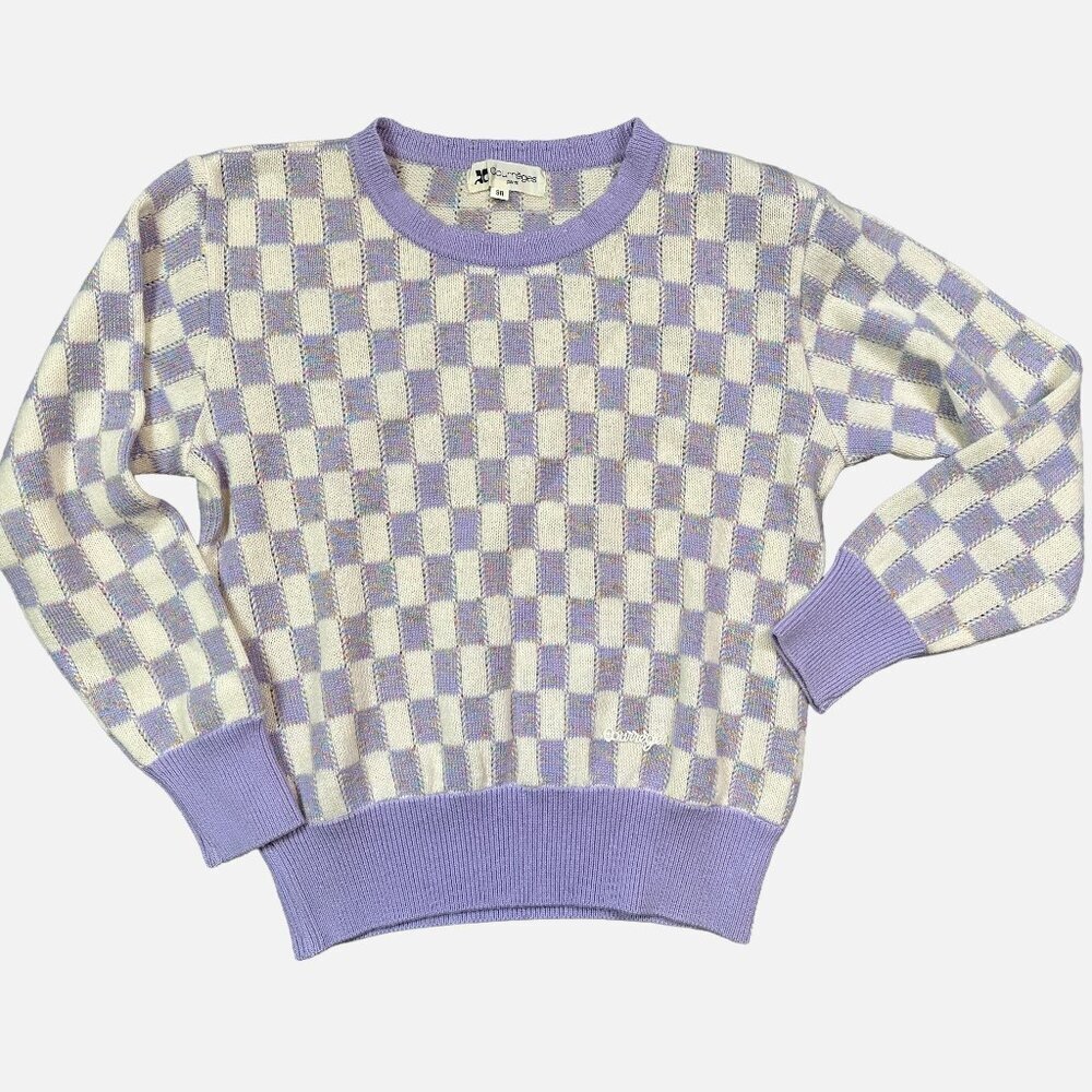 Courreges Vintage Lavender Purple Cream Wool Knit Check Sweater Logo US Small